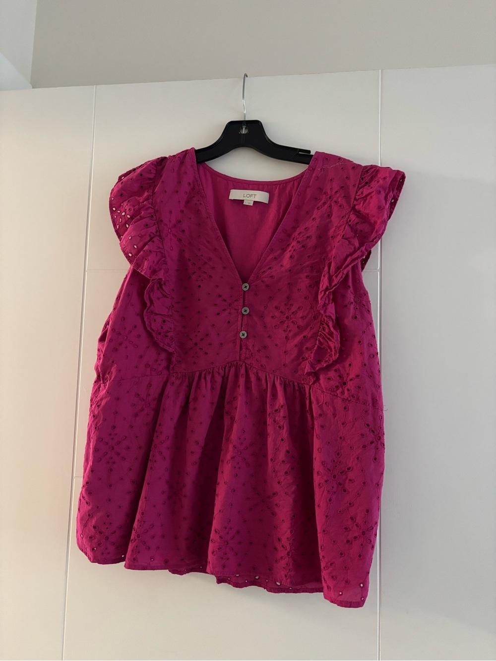 LOFT Fuchsia Eyelet Ruffle Peplum Blouse